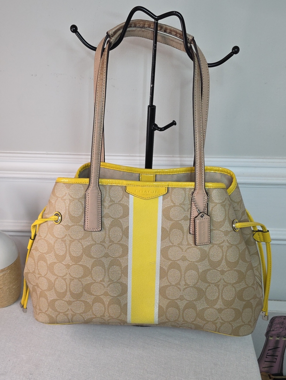 Coach Beige Signature Stripe Drawstring Carryall Tote Bag